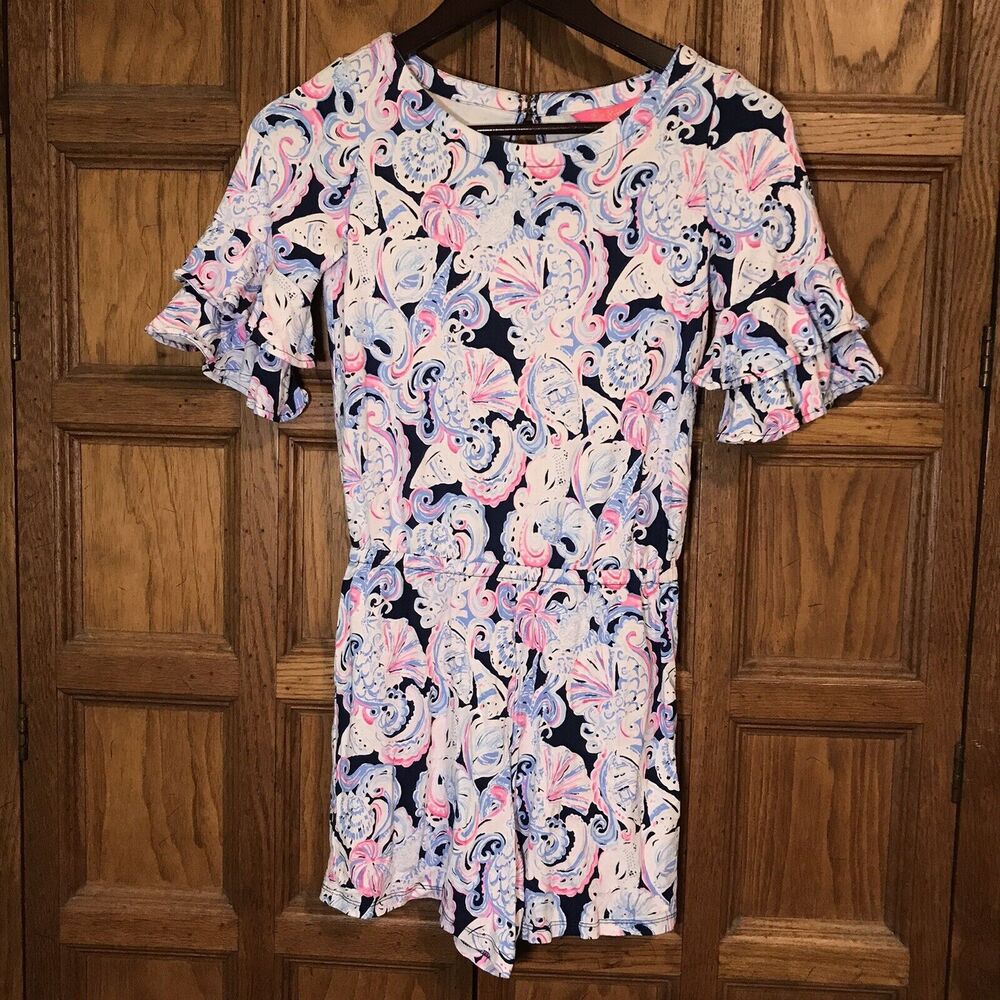 Lilly Pulitzer Lula High Tide Navy Romper Women XXS It's For Shore Ruffle Sleeve